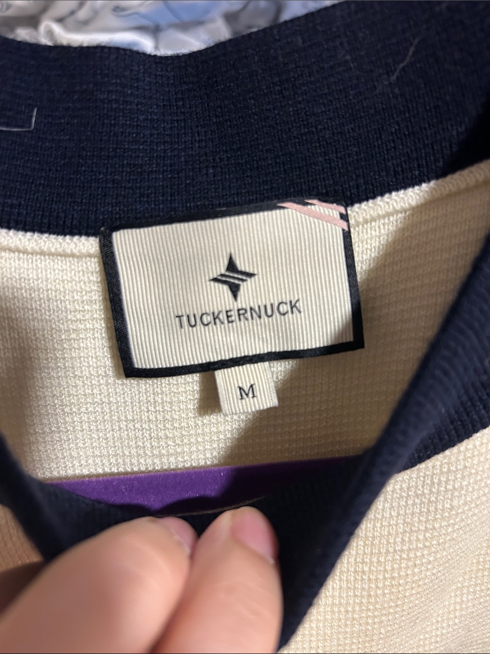 Tuckernuck Cream Knit A-Line Dress with Navy Trim - Picture 2 of 5